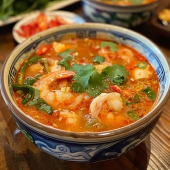 A vibrant bowl of shrimp tom yum soup with herbs, served on a wooden table