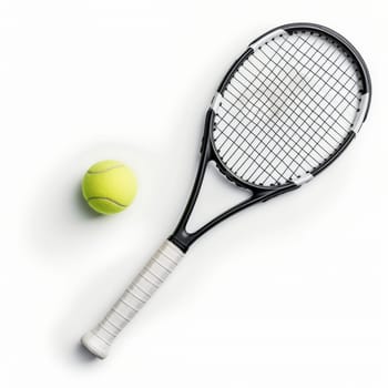 A tennis racket and ball on a white background, seen from above. Ideal for sports and leisure themes