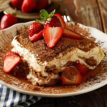 A plate of tiramisu topped with fresh strawberries and cocoa powder