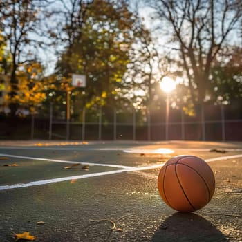 A serene sunset illuminates an outdoor basketball court, with a close-up of the ball and hoop