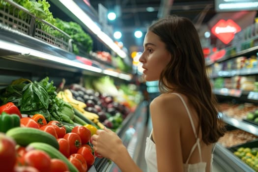 A woman in a white top selects fresh tomatoes from a grocery store shelf filled with various vegetables