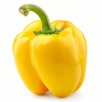 A vibrant yellow bell pepper with a fresh green stem, isolated on a white background