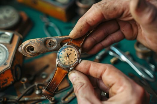 Close-up of a hand holding a vintage wristwatch with a leather strap, surrounded by various old watches and parts on a table