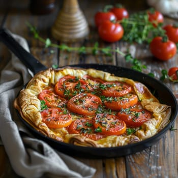 A freshly baked tomato pie in a cast iron pan against a rustic kitchen background