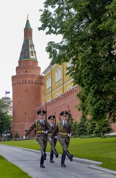 Russian soldiers marching at the Kremlin in Moscow in the Russian Federation.