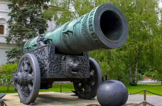 The mighty Tsars Cannon in the grounds of the Kremlin in Moscow in the Russian Federation. It was cast in 1586 and weighs 40 tonnes.