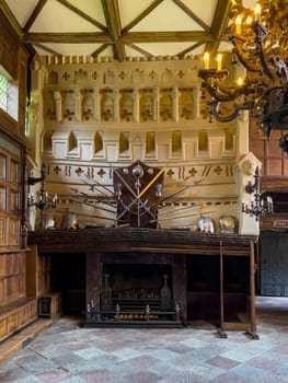 Room interior at Speke Hall, a wood-framed wattle-and-daub Tudor manor house in Speke, Liverpool in northwest England. It is one of the finest surviving examples of its kind. Dates from 1530.