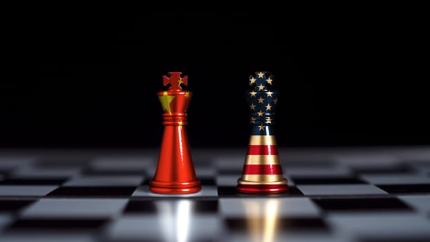 The United States flag and the Chinese flag are screen printed on a pawn chess piece with a black background, Represents trade war tariff barriers between the United States and China.