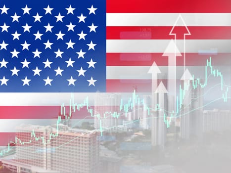 USA flag background, USA Business arrow up and Financial and real estate stocks market graph of America, Downtown and Financial District City of USA, Global trade competition.