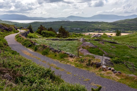 Scenic coastal landscape on the Ring of Kerry, a part of the Wild Atlantic Way on the west coast of the Republic of Ireland.