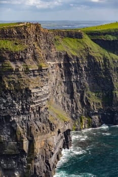 The Cliffs of Moher, County Clare, Republic of Ireland. They reach their maximum height of 214m (702ft) here, just north of O'Brien's Tower.