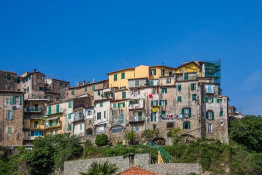 The town of Ventimigla in the province of Imperia on the northwest coast of Italy, 7km from the French-Italian border. The Roia River flows through the town into the sea.