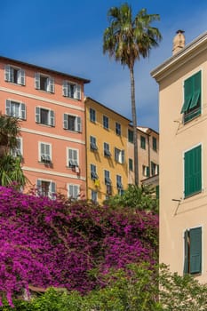 The town of Ventimigla in the province of Imperia on the northwest coast of Italy, 7km from the French-Italian border. The Roia River flows through the town into the sea.