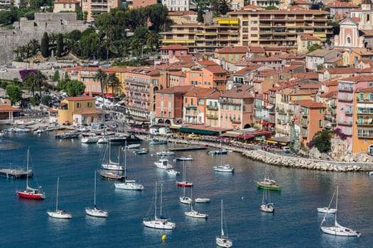 The resort of Villefranche-sur-Mer near Nice on the Cornesh de Esteral in the South of France.