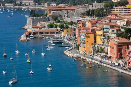 The resort of Villefranche-sur-Mer near Nice on the Cornesh de Esteral in the South of France.