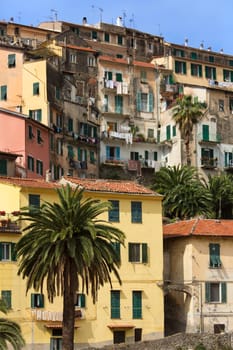 The town of Ventimigla in the province of Imperia on the northwest coast of Italy, 7km from the French-Italian border. The Roia River flows through the town into the sea.