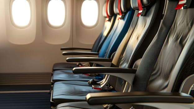 Interior of an empty airplane. Nobody on the plane. Air travel concept. AI generated