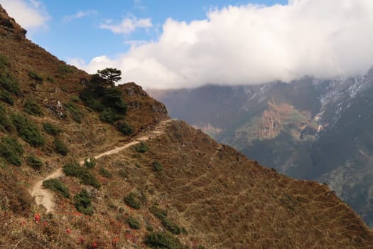 Trail along a steep hill leading to the Mount Everest view point above Namche Bazar, Bazaar, Ama Dablam is completely covered with clouds, Mount Everest Basecamp Trek, EBC, Nepal 2022