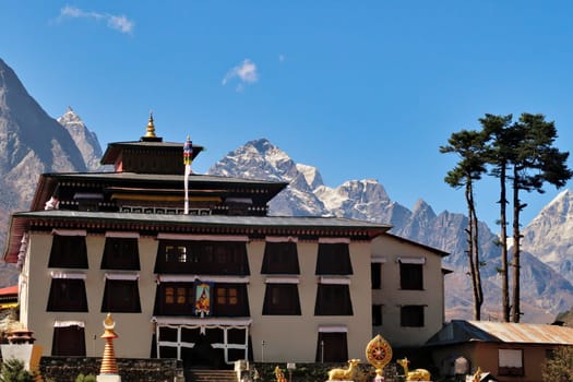 The tibetan Buddhist monastery in Tengboche, Tangboche village, snow covered mountains can be seen in the background, Mount Everest Base Camp Trek, EBC, Nepal 2022