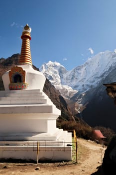 A stupa, pagoda in Tengboche, Tangboche village, Mount Kangtega can be seen in the background, Mount Everest Base Camp Trek, EBC, Nepal 2022