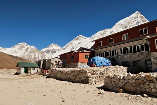 Teahouse, guest house, house in Gorakshep, Gorak Shep village in front of Mount Nuptse, Everest, the West Ridge of Everest, Changtse and Khumbutse, Mount Everest Base Camp Trek, EBC, Nepal 2022