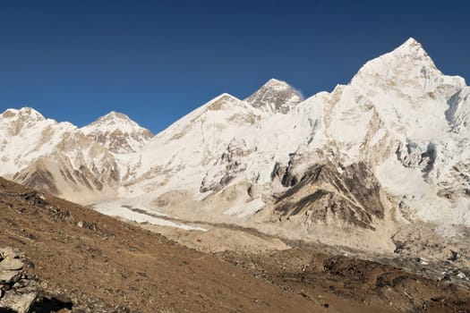 View from the way up to Kala Patthar, Pather onto Mount Khumbutse, Changtse, the West Ridge of Everest, Everest, Nuptse with the Khumbu Ice Fall, Glacier in the foreground, Mount Everest Base Camp Trek, EBC, Nepal 2022