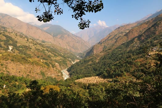 View from Bahundanda village onto the Marsyangdi River valley towards Ghermu and Syange village, Annapurna Circuit Trek, Nepal 2022