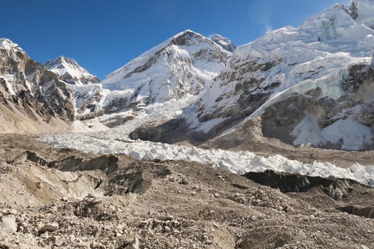 Approaching the Base Camp of Mount Everest, the camp next to the Khumbu Glacier in front of Mount Everest, its West Ridge, Changtse and the Khumbu Ice Fall, Mount Everest Base Camp Trek, EBC, Nepal 2022