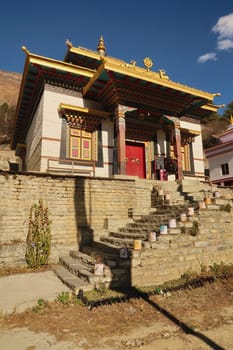 The colorful tibetan buddhist temple in Upper Pisang, Annapurna Circuit Trek, Nepal 2022