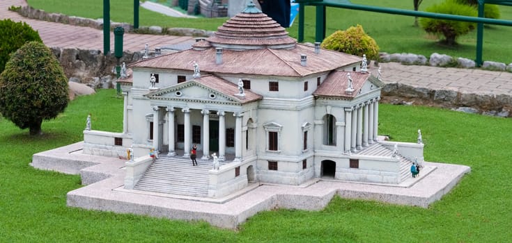 Viserba, Italy - June 25, 2024: The Villa Rotonda of Vicenza at Theme park Italy in Miniature or Italia in Miniatura in Rimini, Italy - Reproduction of famous attractions in a small scale