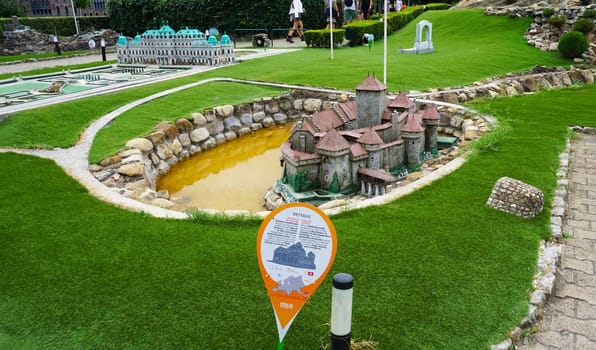 Viserba, Italy - June 25, 2024: The Chillon Castle at Theme park Italy in Miniature or Italia in Miniatura in Rimini, Italy - Reproduction of famous attractions in a small scale