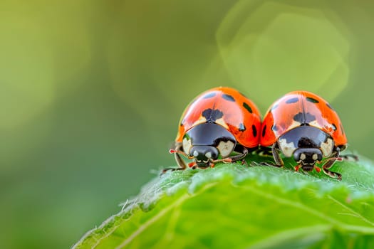 Lovely couple of ladybirds on a green leaf. Close-up view. AI generated