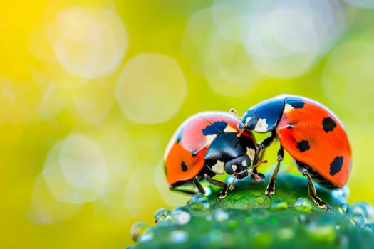 Lovely couple of ladybirds on a wet green leaf. Close-up view. AI generated