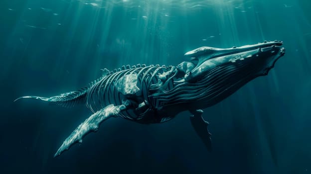 Whale skeleton swimming underwater in a deep blue sea. AI generated