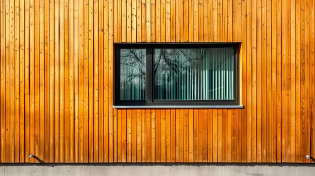 New PVC window on wood wall background. . Modern house facade from new, modern wooden boards, front view. AI generated
