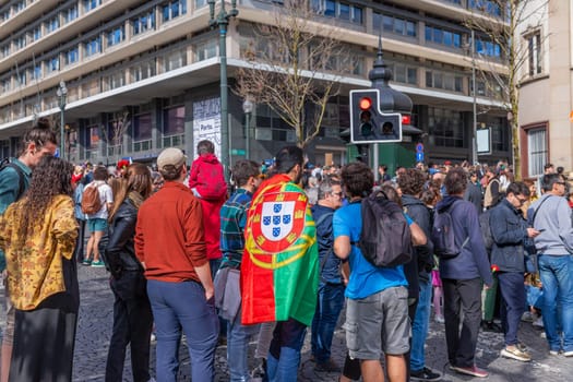 Porto, Portugal: April 25, 2024: Celebration and Protest of the April 25 in Portugal, Liberty Portuguese day, in Porto, Portugal