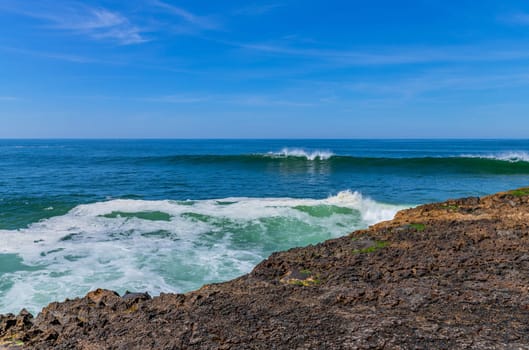 View of ocean waves and fantastic rocky coast in Ericeira, near Lisbon. Portugal