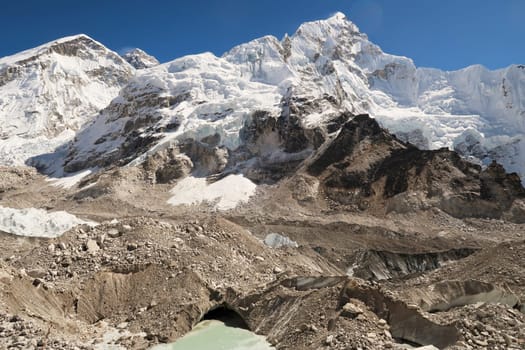 View from Khumbu Glacier up to the snow covered peaks of the West Ridge of Mount Everest, Mount Everest and Mount Nuptse, Mount Everest Base Camp Trek, EBC, Nepal 2022