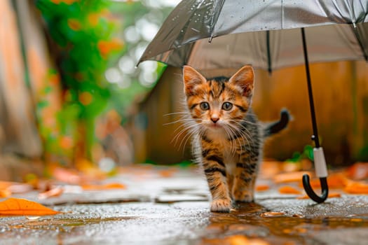 A cute kitten under umbrella in the rainy day. AI generated