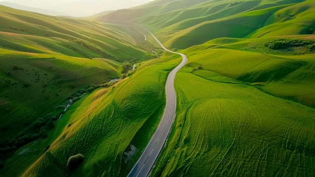 Aerial view of an empty road in the middle of the green hills. Road travel concept. AI generated