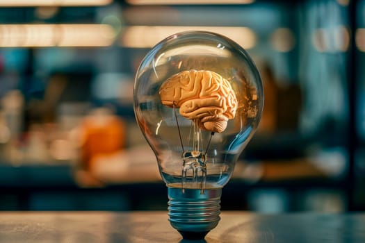 Light bulb with human brain inside . Great idea concept. AI generated