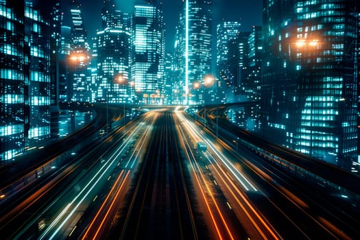 Highway with vehicle light trails leading to modern illuminated night cityscape. Aerial view. AI generated