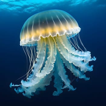 Transparent jellyfish with long tentacles float beautifully in the blue water