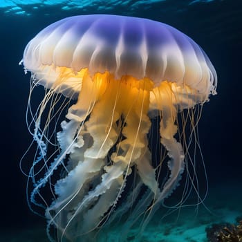 Transparent jellyfish with long tentacles float beautifully in the blue water