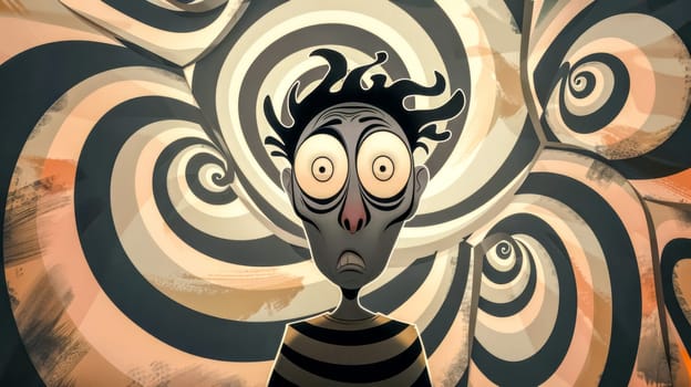Illustration of a cartoon character feeling unwell and experiencing dizziness and nausea, possibly caused by the overwhelming spiral patterns in the background