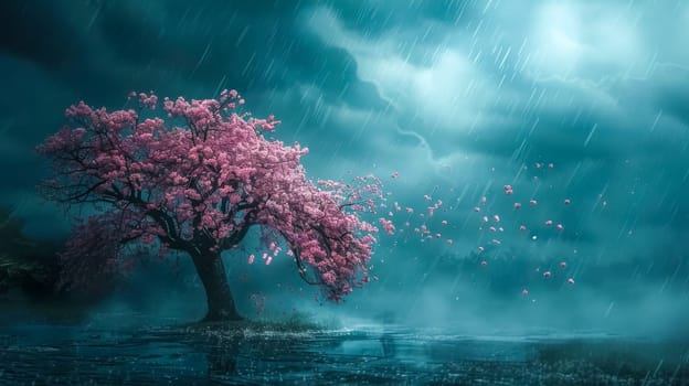 Cherry tree in bloom is standing on the shore under a stormy sky, its pink petals are flying in the wind, creating a melancholic and romantic atmosphere