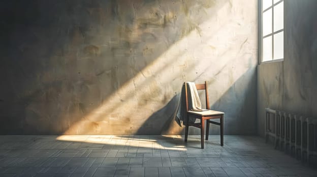 Sunbeam illuminating a lonely wooden chair with a cloth draped over it, in a large empty room with grunge style walls and floor