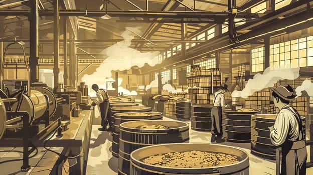 Factory workers managing the production line in a large industrial factory setting, moving products between large barrels