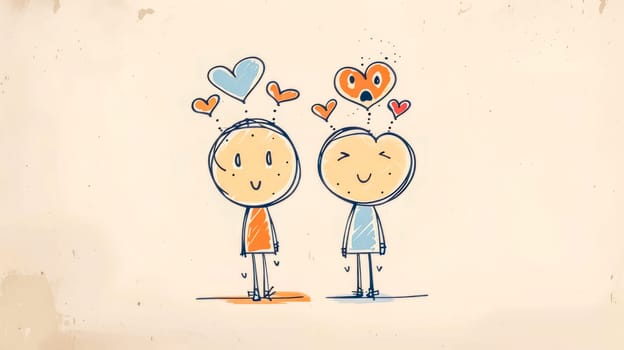 Two cartoon characters feeling positive emotions, represented by hearts floating over their heads. Great illustration for valentine's day, love or positive feelings