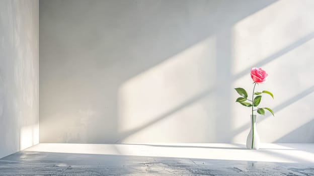 Sunlight gently streams into a serene room, casting shadows on white walls. A single pink rose blooms in a vase, adding romance and beauty to the space